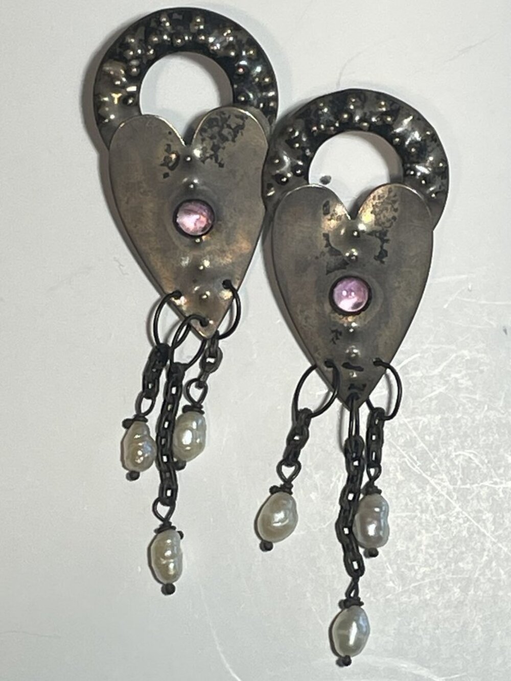 Vintage Whimsigoth Metal Heart Dangle Earrings w/ Purple Gem & Pearls